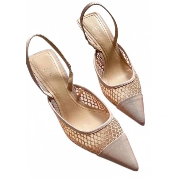 Zara NWT Mesh net detail pointed toe sling back heels size 40 - Picture 3 of 12